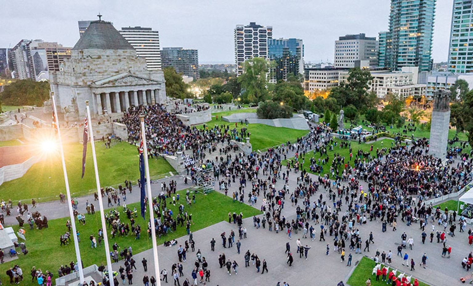 Shrine Forecourt aerial photograph Anzac Day 2018 Hundreds gathered for Anzac Day at the Shrine