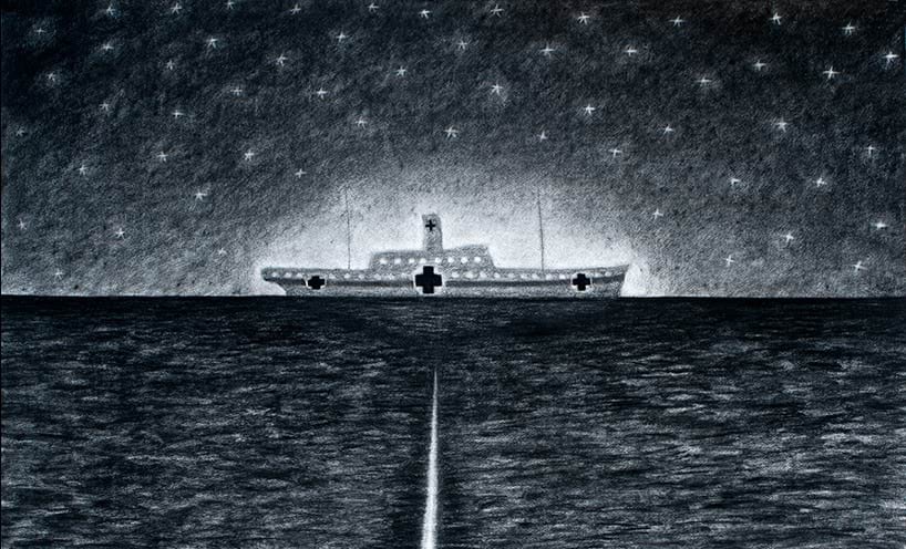 Dean Bowen's drawing capturing of the moment immediately before the Centuar was torpedoed. Light emanates from the ship and the star twinkle in the sky. The passage of the torpedo glows through the dark sea as it moves towards the ship.