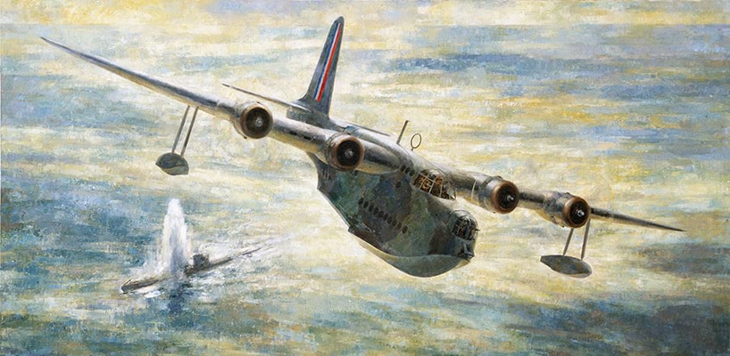 RAAF Sunderland Flying Boat attacking U-boat, 1967 by Dennis Adams oil on canvas Illustration of a typical attack on a U-boat by a Sunderland flying boat of No. 10 Squadron, RAAF, in the Atlantic Ocean. Australian War Memorial (ART27572)