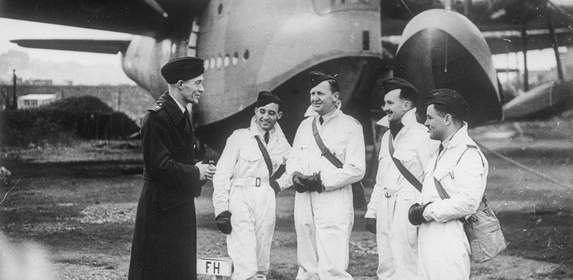 Five original 10 Squadron officers at RAF Station, Pembroke Dock c 1939 No. 10 Squadron’s first commander, Leon Lachal, with the RAAF’s first DFC recipient Charles Pearce. L-R Wg Cdr Leon Lachal; Flt Lt W ‘Bill’ Gibson; Flt Lt Charles Pearce; F O Ivan Podger; Flt Lt W ‘Bill’ Garing. Australian War Memorial (UK3073