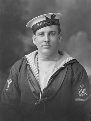 Petty Officer, Royal Australian Navy c 1914  Note the patches on each shoulder. The crossed anchor patch identifies his rank i.e. Petty Officer, while the propeller non-substantive rate badge indicates his on board role a mechanician.  Sea Power Centre – Australia