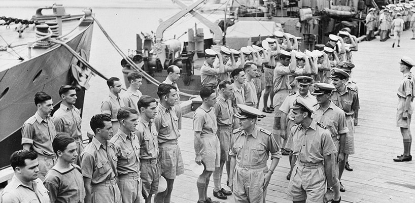 Admiral Sir Bruce Fraser inspects men of the 2nd Minesweeping Flotilla 1944  Watsons Bay, Sydney Harbour By 1944 RAN sailors were attired in more practical uniforms better suited to fighting in the Pacific theatre.  Sea Power Centre – Australia