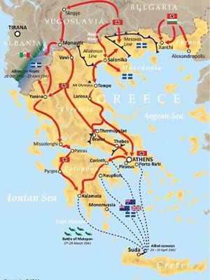 Map of Greece showing German, Italian and Australian troop movements, 1941