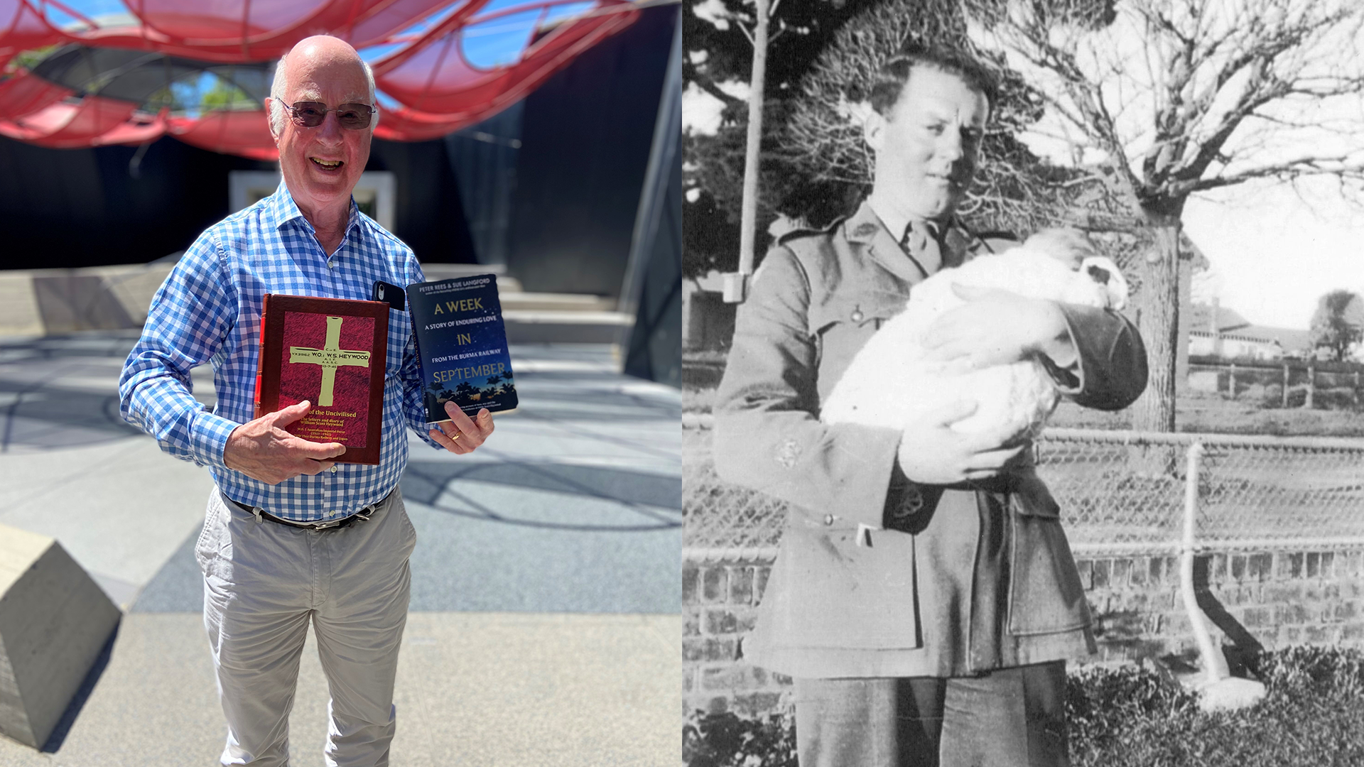 Doug Heywood OAM with the books, A Week in September and Guest of the Uncivilised alongside a photo of him as a baby with his father, Scott. 