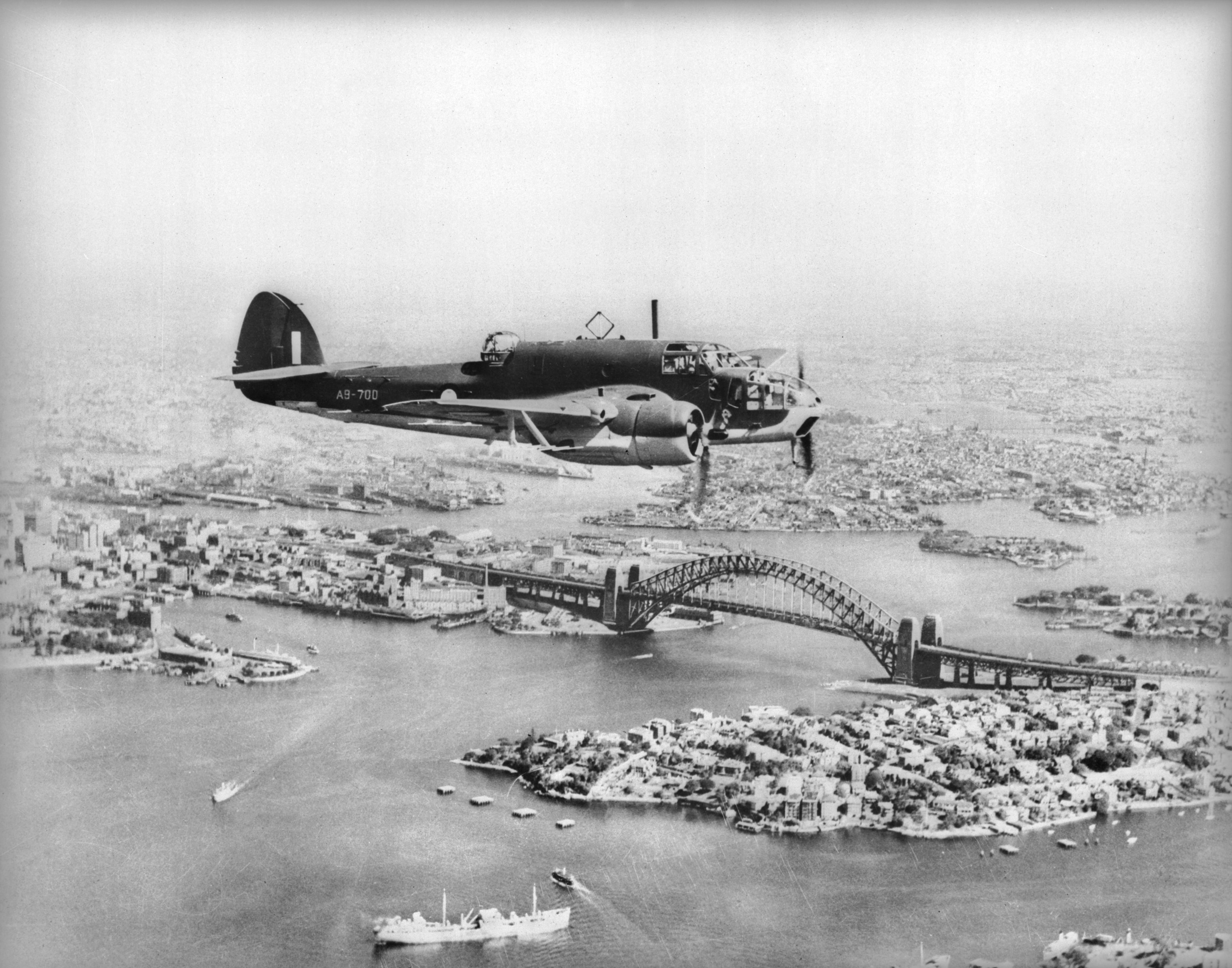 A Beaufort Bomber flying over Sydney Harbour 