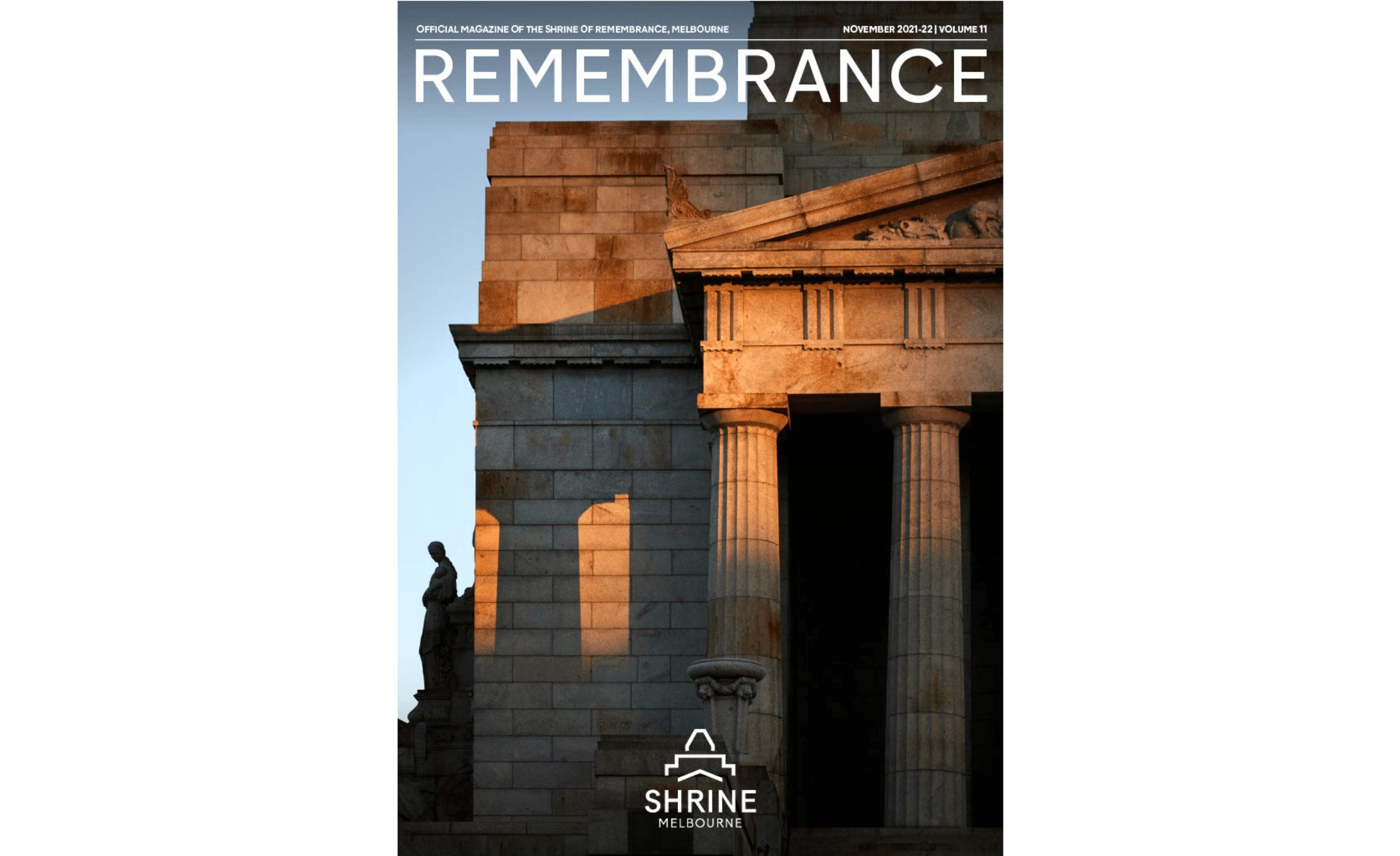 The cover of Remembrance magazine 2021, which features an image of the Shrine at sunset.