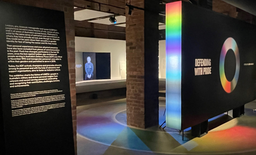 Installation view of the Defending with Pride exhibition at the Shrine of Remembrance