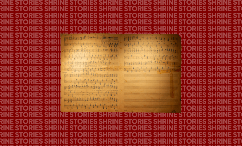 The sheet music for the song, Dream of Australia, which is faded and tattered. It is sitting against a red background that has the words 'Shrine Stories' repeated on it. 