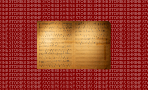 Shrine Stories: The Sheet Music The sheet music for the song, Dream of Australia, which is faded and tattered. It is sitting against a red background that has the words 'Shrine Stories' repeated on it.