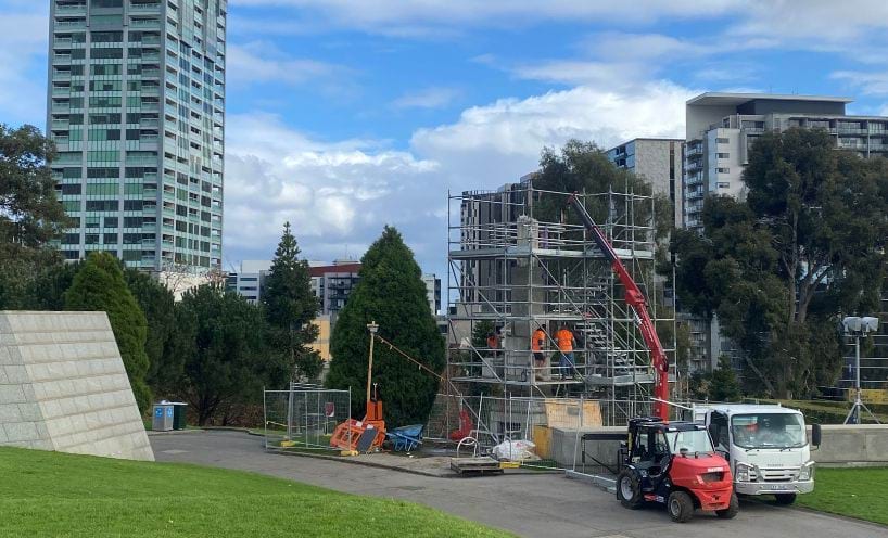 Restoration works at the north east light tower at the Shrine of Remembrance