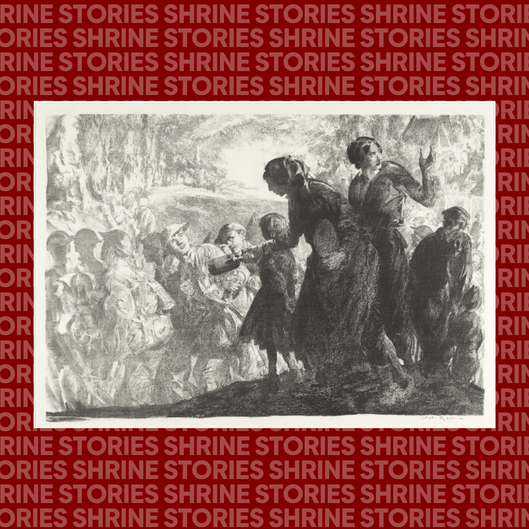 An image of Will Dyson's 'Welcome Back to the Somme' on a red background where 'Shrine Stories' is repeated. The image is black and white and depicts a woman handing a bottle of wine to an Australian soldier. The soldier is one in a long line of soldiers marching away from the women. Next to the woman is another woman beckoning to people out of the frame, as well as an old man and a young boy. 