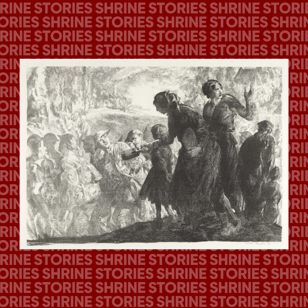 Shrine Stories: The Dyson An image of Will Dyson's 'Welcome Back to the Somme' on a red background where 'Shrine Stories' is repeated. The image is black and white and depicts a woman handing a bottle of wine to an Australian soldier. The soldier is one in a long line of soldiers marching away from the women. Next to the woman is another woman beckoning to people out of the frame, as well as an old man and a young boy.