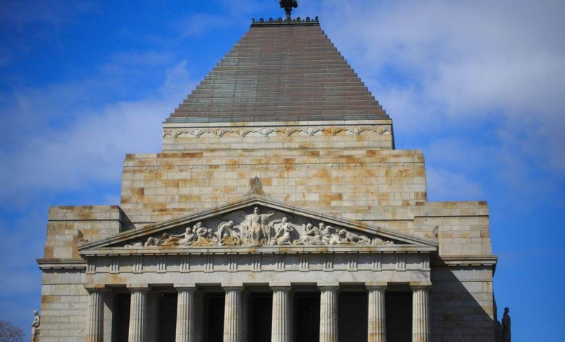 An external shot of the Shrine of Remembrance on a sunny day