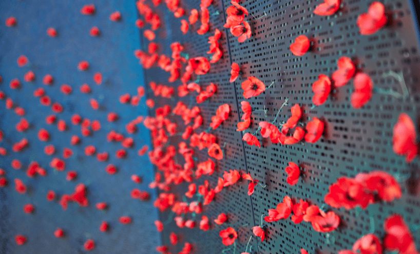 Red poppies on a black external wall at the Shrine of Remembrance