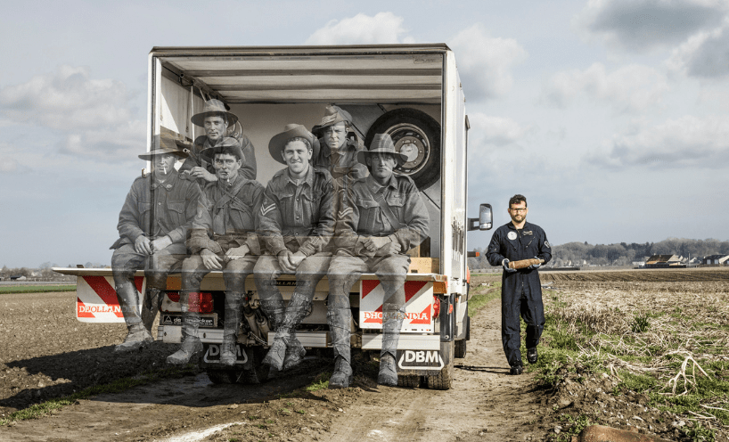 A montage image of WWI soldiers in a modern landscape