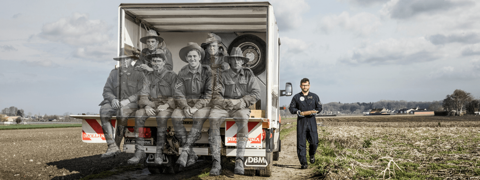 An image montage of WWI soldiers and a truck in a modern landscape