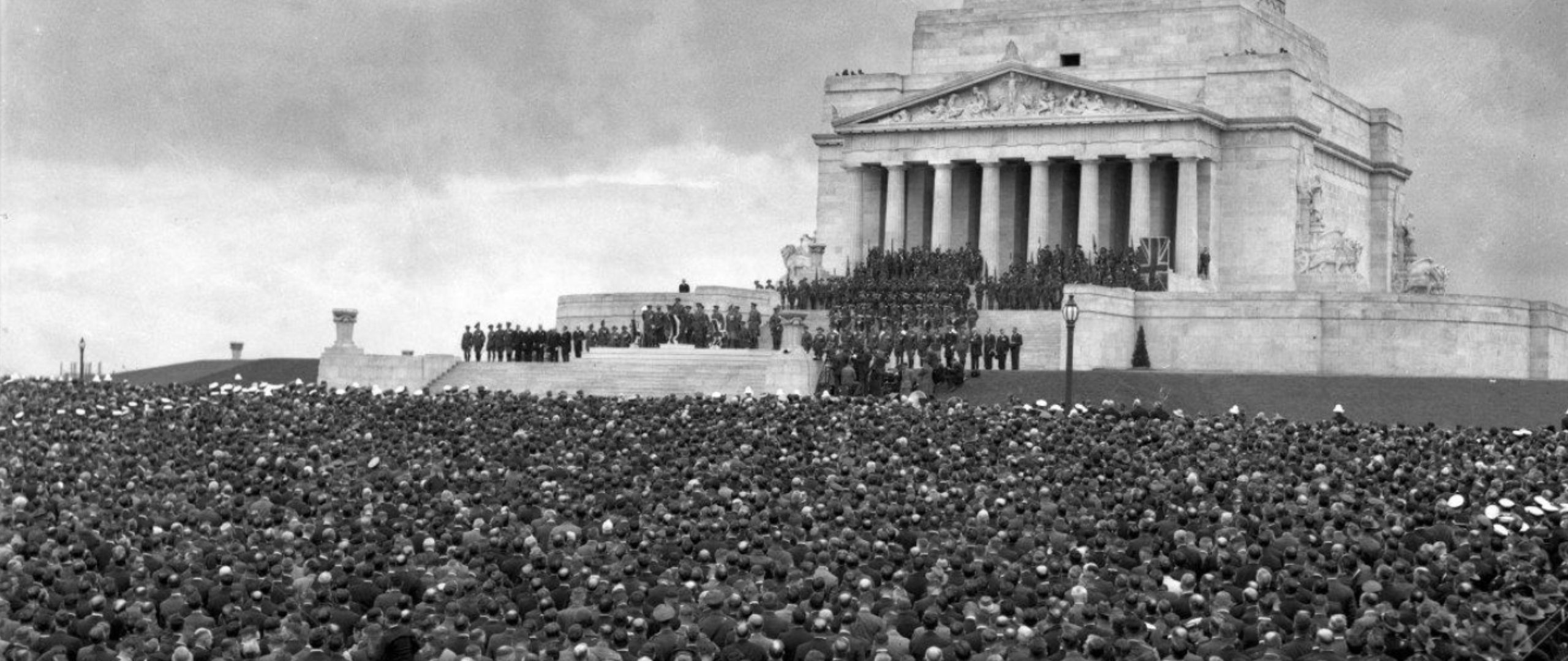 A black and white photo of the dedication of the Shrine of Remembrance, 1934.