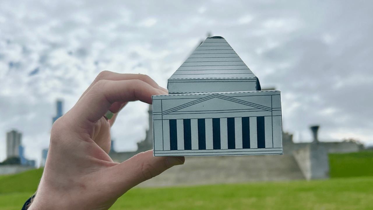 A cardboard replica of the Shrine of Remembrance