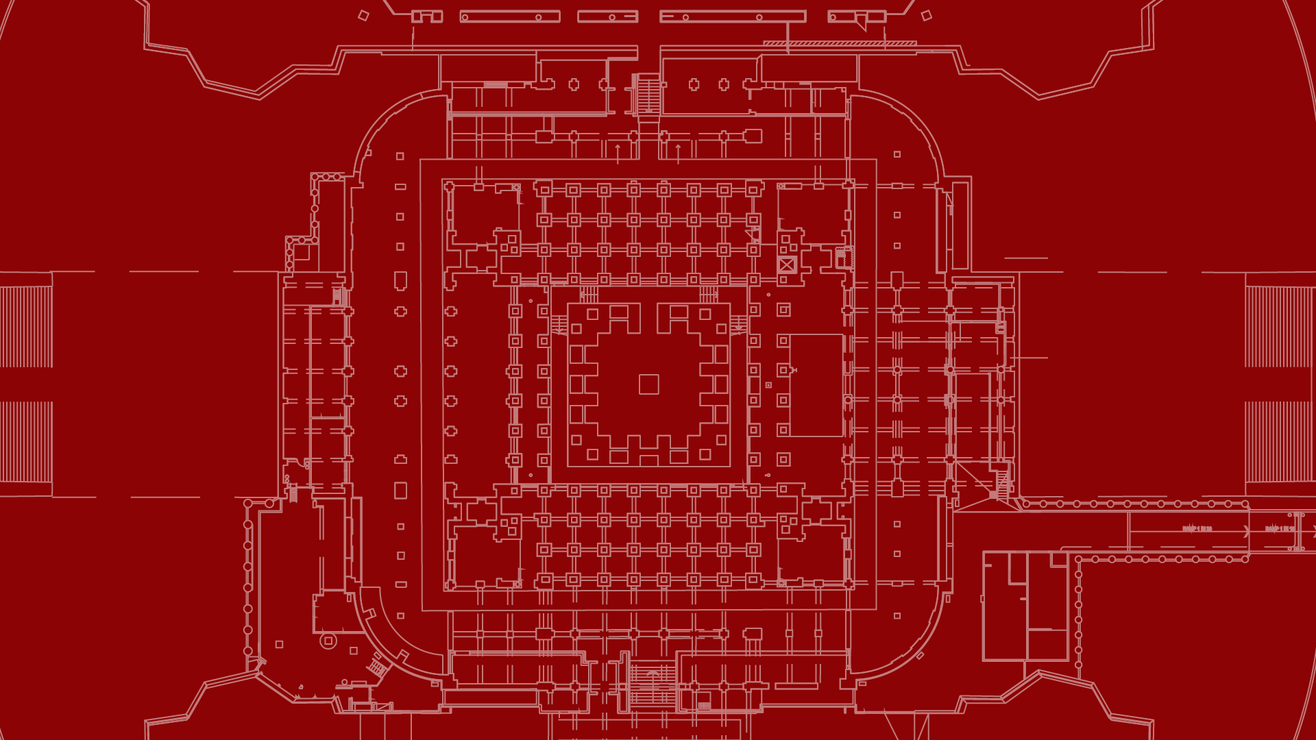 An aerial architects view of the Shrine of Remembrance on a red background. 