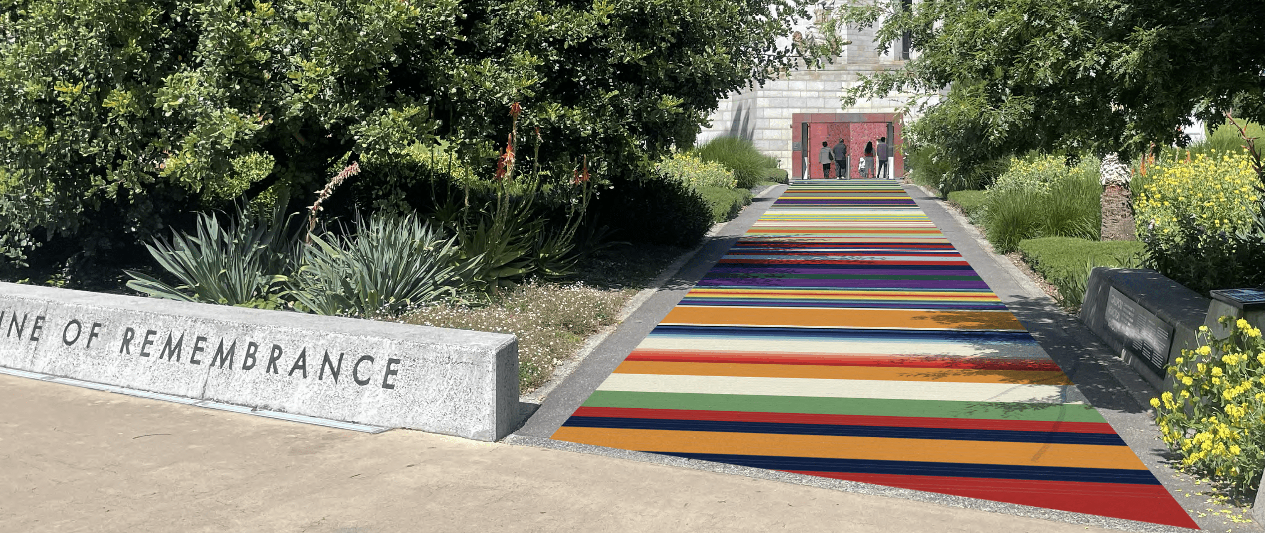 A colourful walkway leads to the Shrine of Remembrance