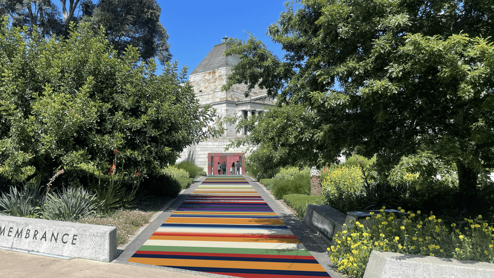 A colourful walkway lead to the Shrine of Remembrance