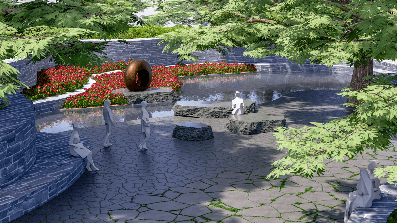 Render of new memorial space, a zen inspired garden with stone and water features