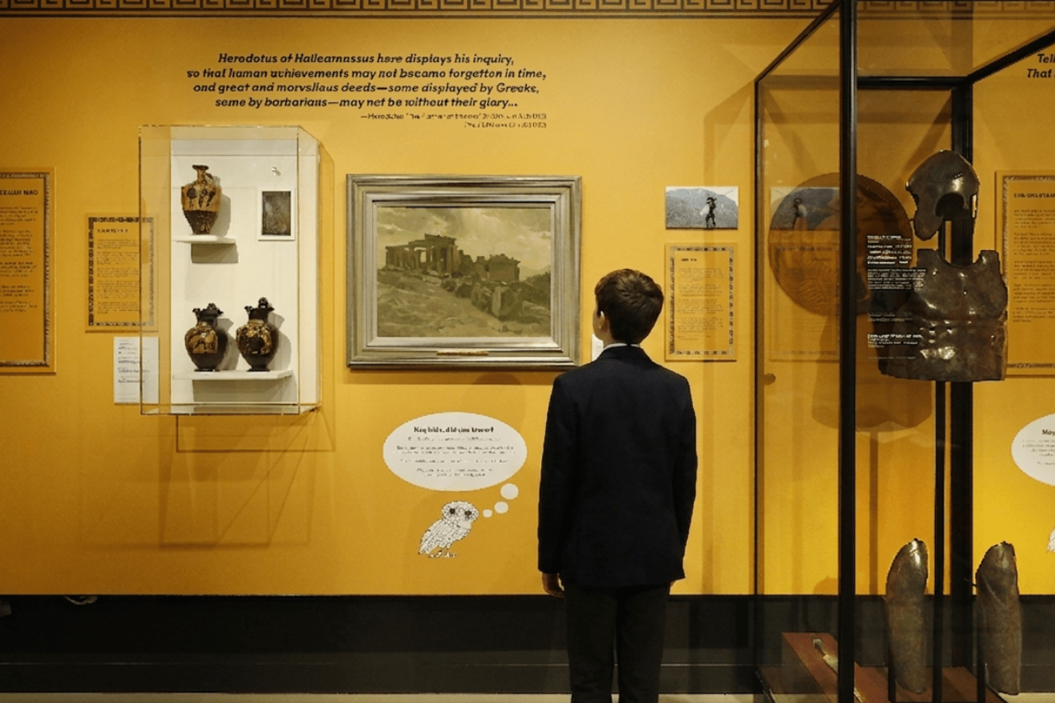 Young student standing in exhibition surrounded by ancient Greek objects