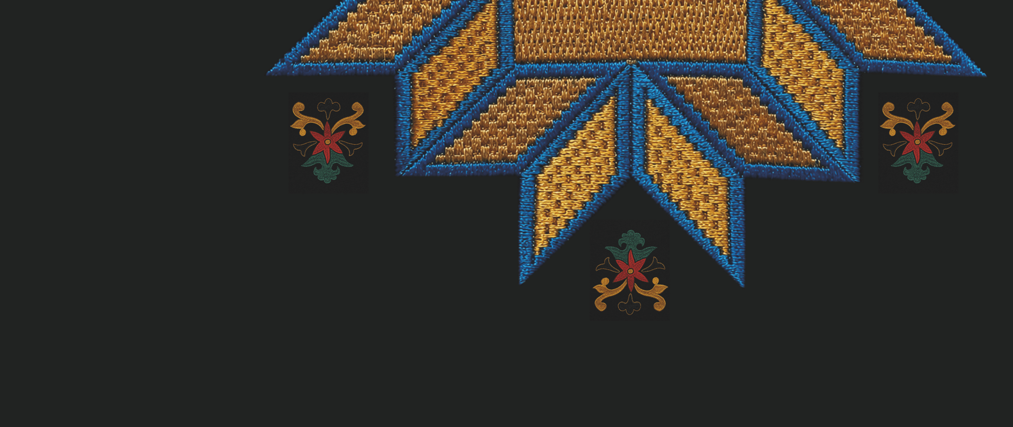 A colourful embroidery on a black background
